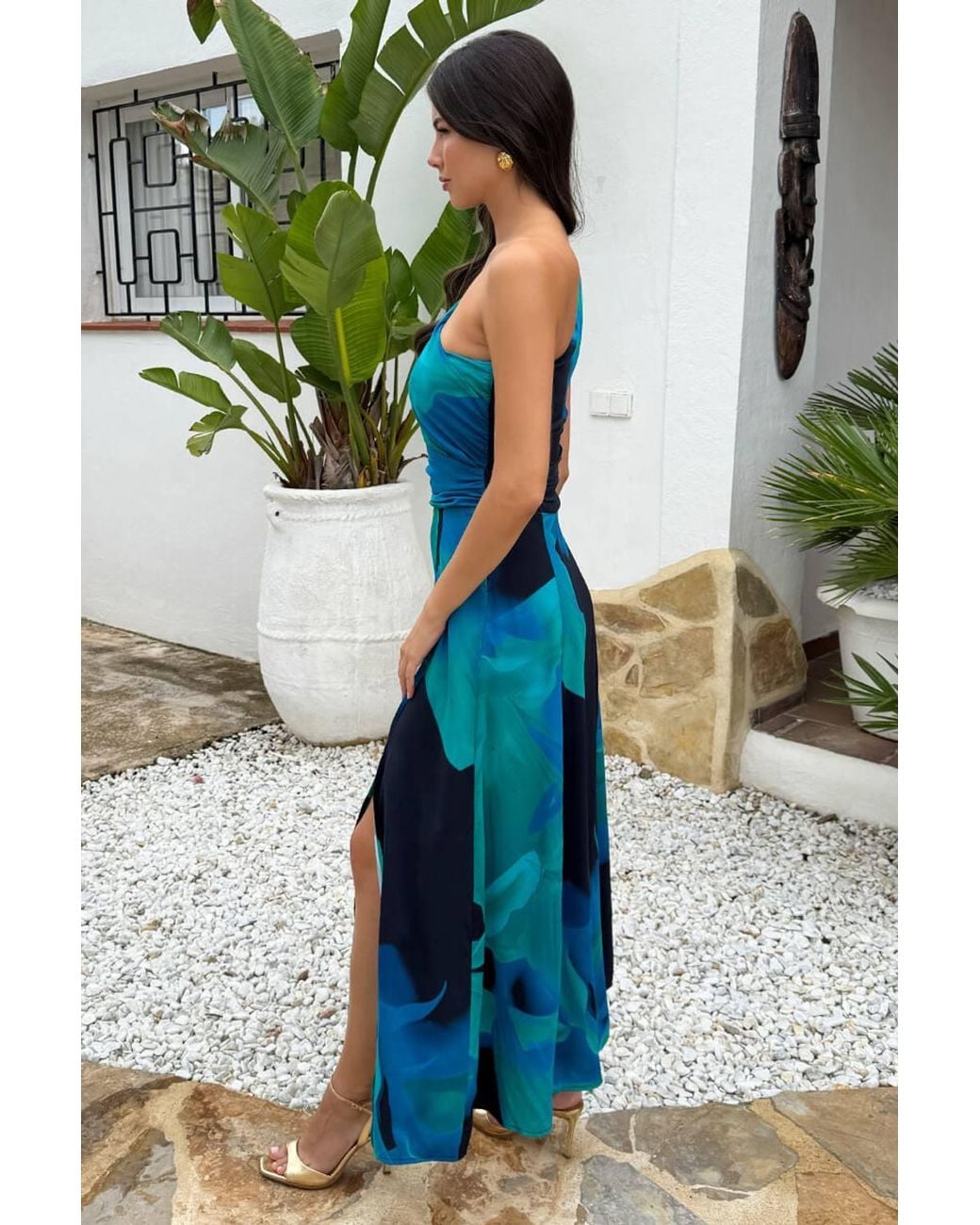 AX Paris Blue Bold Floral Print One Shoulder Ruched Waist Midi Dress