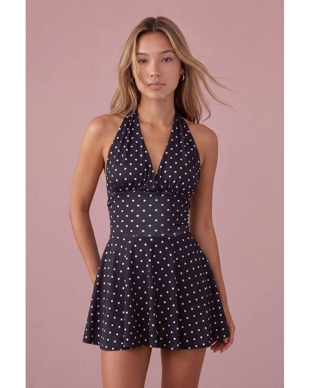 Pink Vanilla Black Polka Dot Slinky Halter Neck Dress