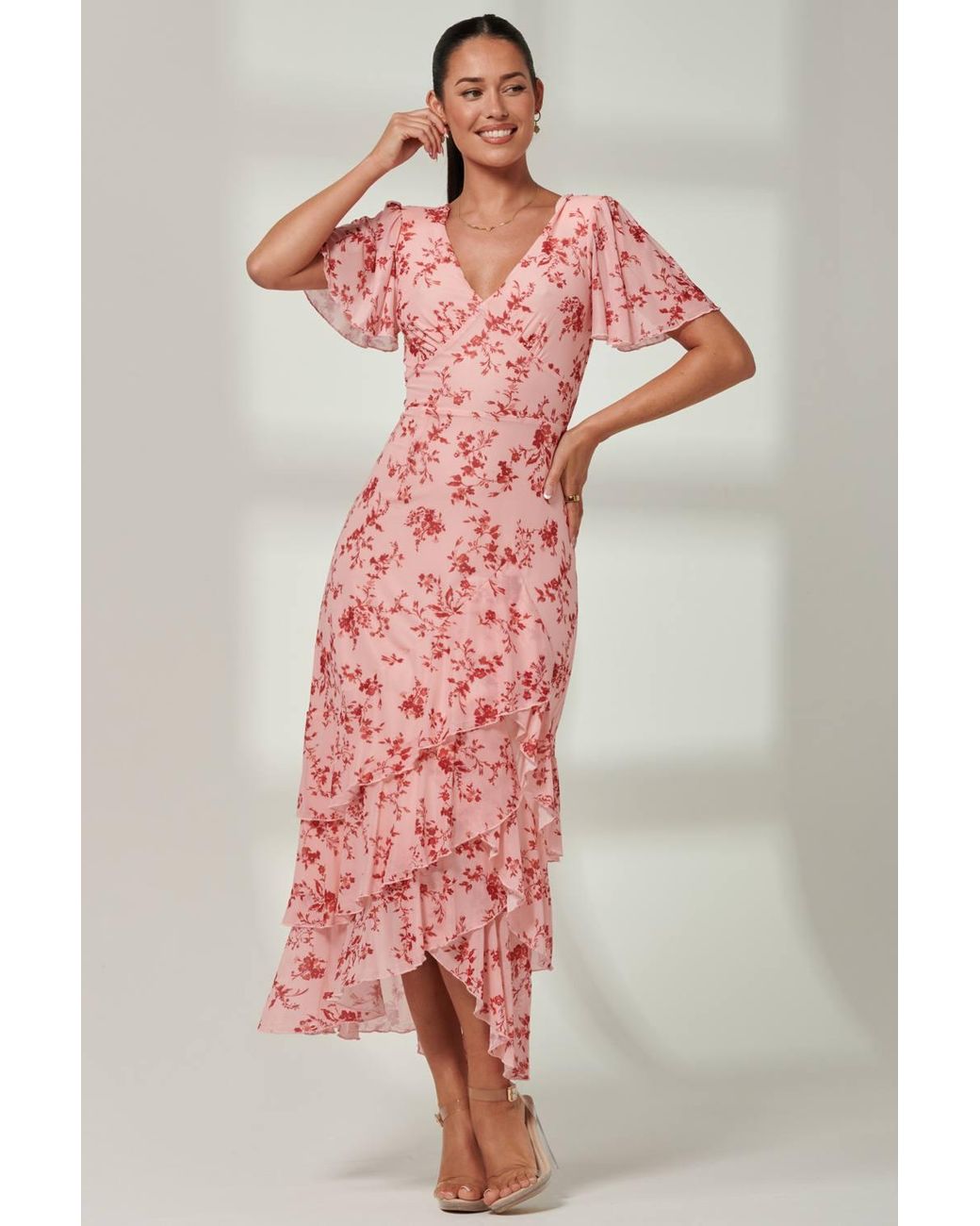 Jolie Moi Pink Daleysa Frill Hem Mesh Maxi Dress