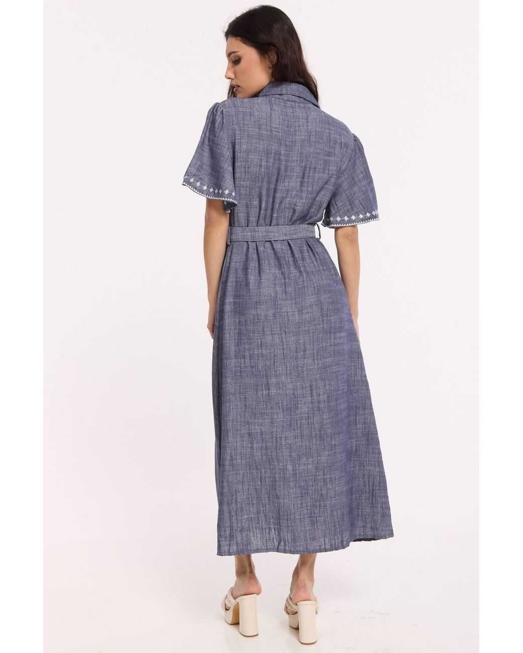 Liquorish Blue Linen Blend Embroidered Midi Dress