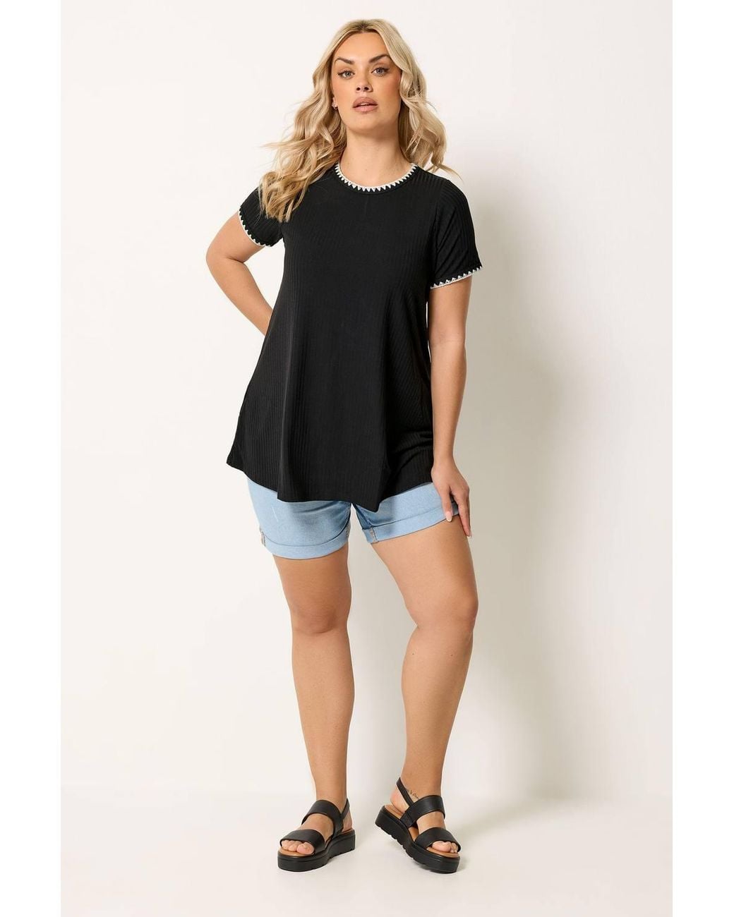 Yours Black Contrast Stitch Swing T-Shirt