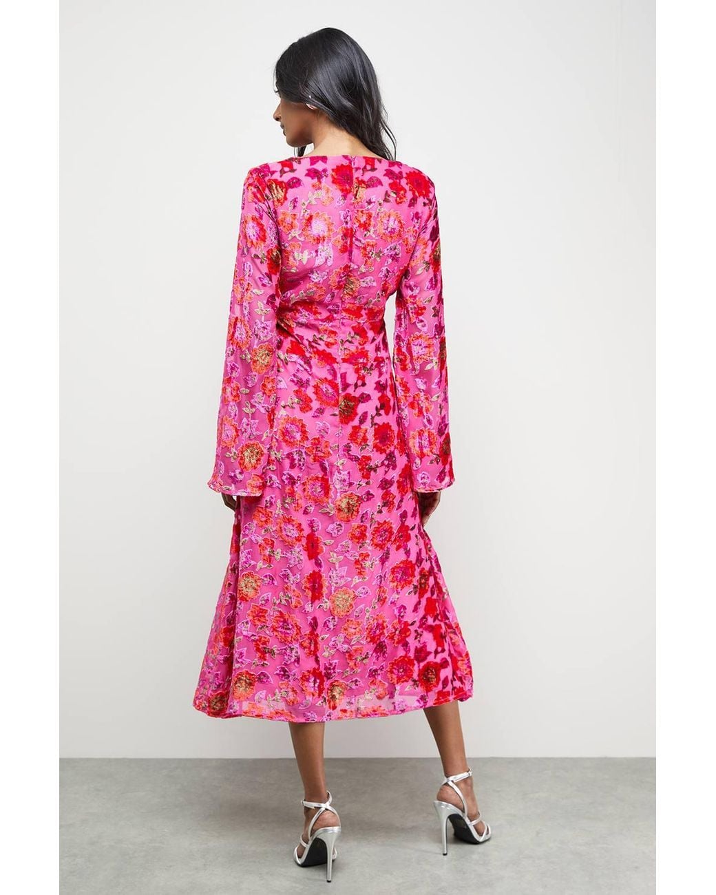 Warehouse Pink Devore Plunge Neck Waisted Midi Dress