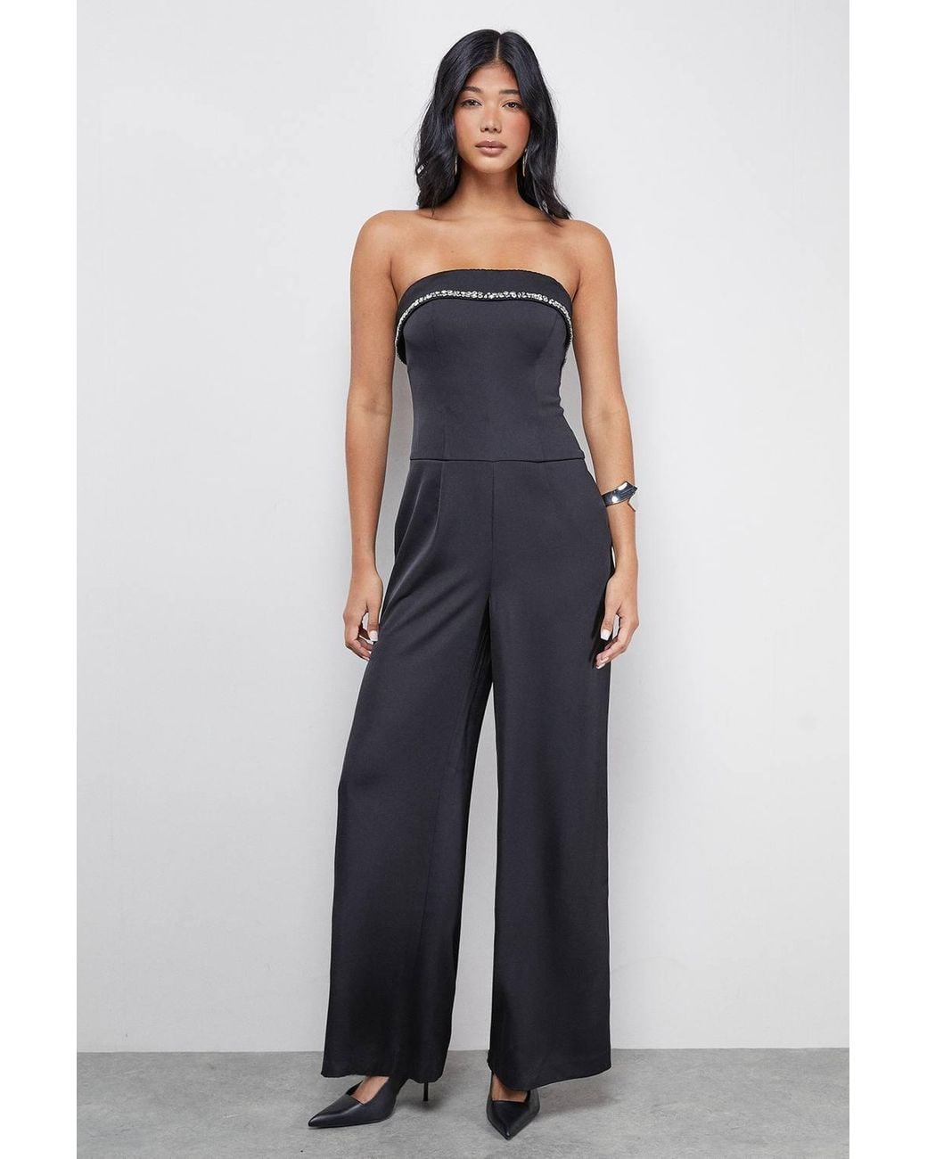 Warehouse Blue Gem Embellished Satin Bandeau Jumpsuit