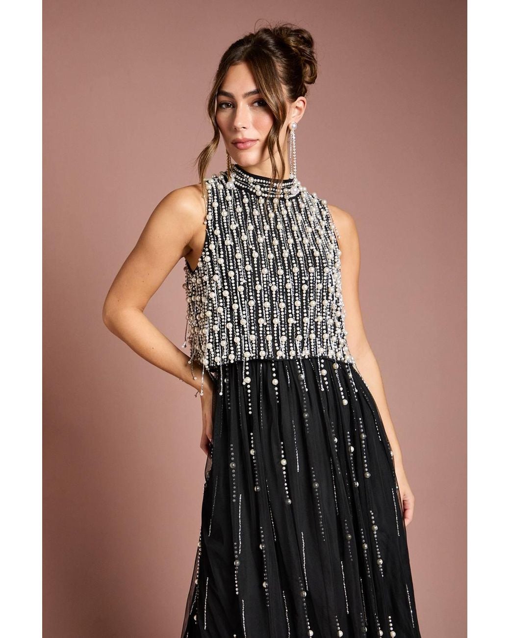 Coast Black Pearl Beaded Overlay Georgette Maxi Dress