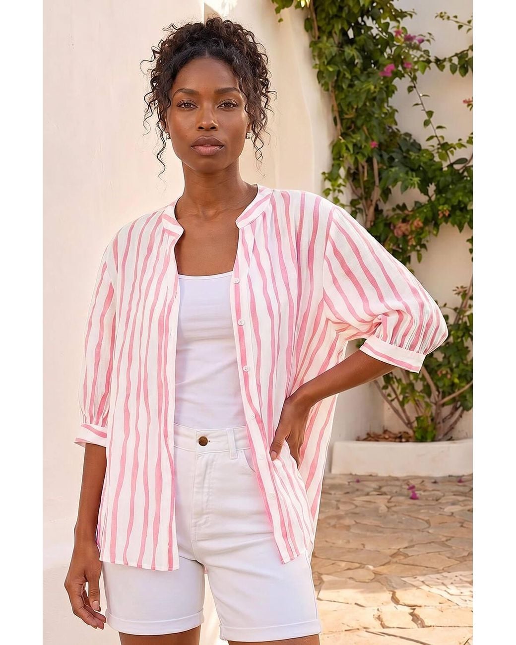 Roman Pink Stripe Print V-Neck Blouse