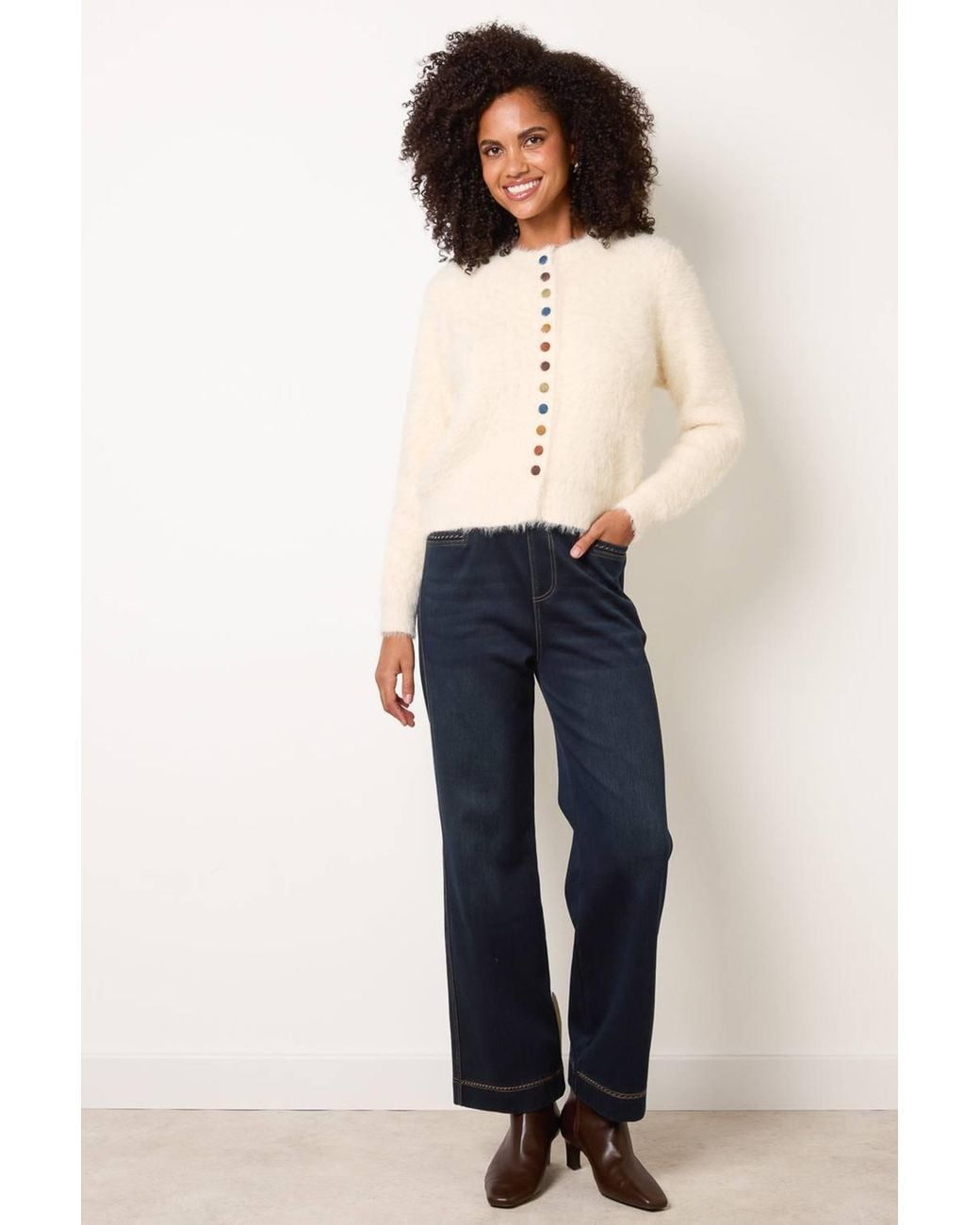 Blue Vanilla Natural Off Long Sleeve Button Up Round Neck Cardigan
