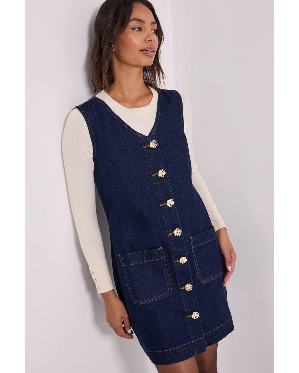 Dorothy Perkins Blue V Neck Button Through Denim Mini Dress