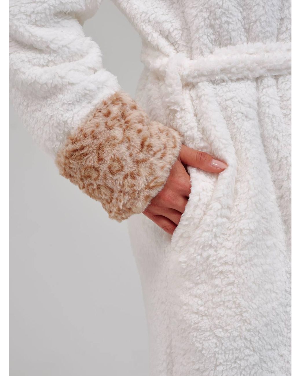 Loungeable Natural Leopard Faux Fur Trim Maxi Dressing Gown