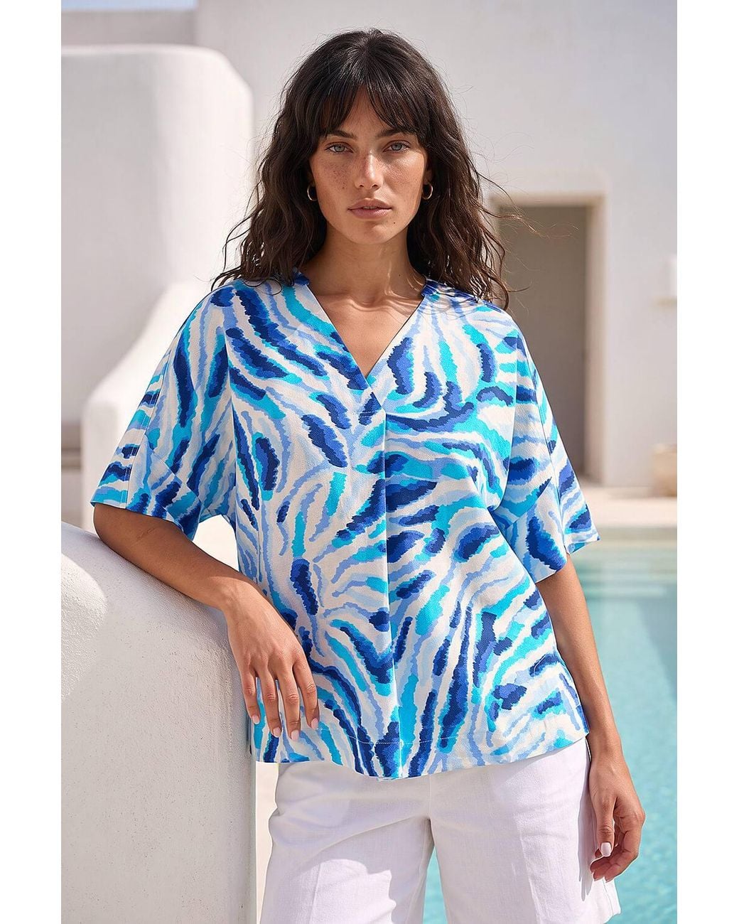 Roman Blue Animal Print Pleated Tunic Top