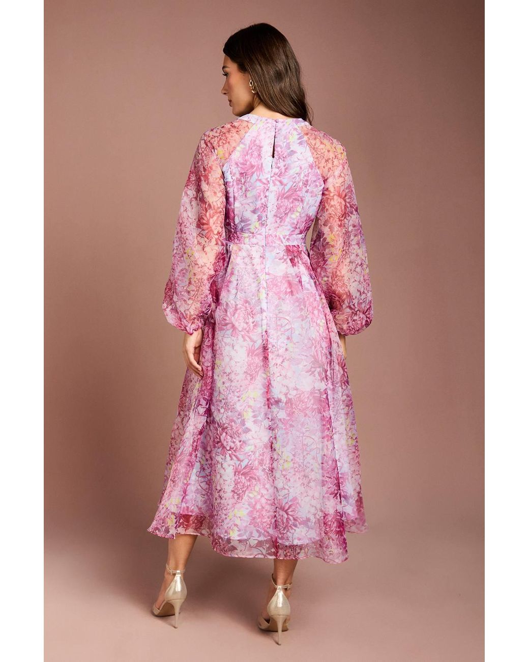 Coast Pink Organza Wrap Waist Puff Sleeve Midi Dress