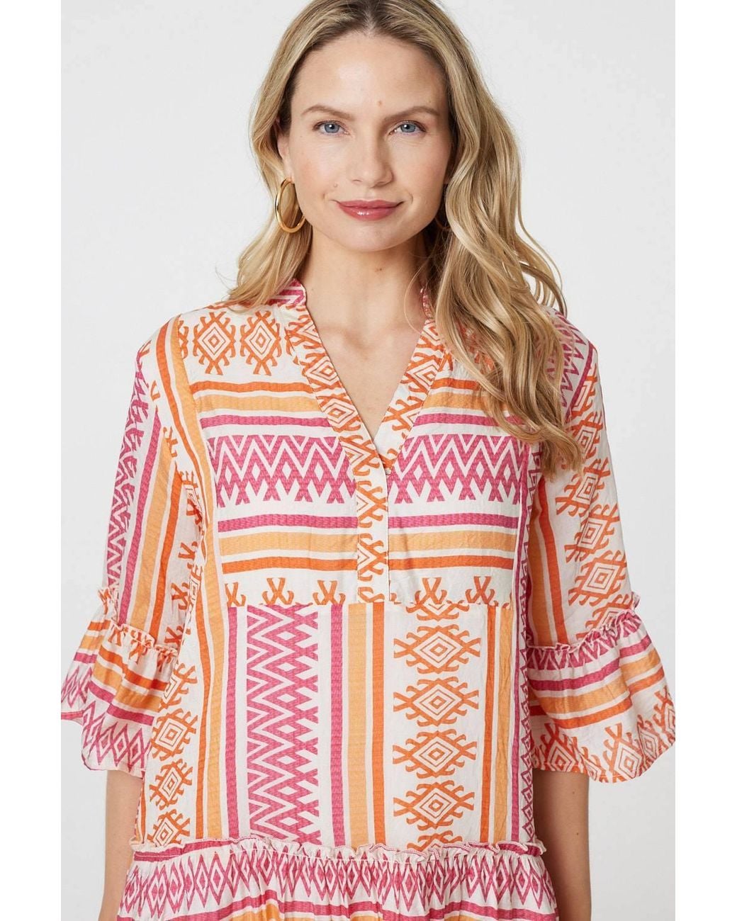 Izabel London Pink Aztec Print V-Neck 3/4 Sleeve Short Dress