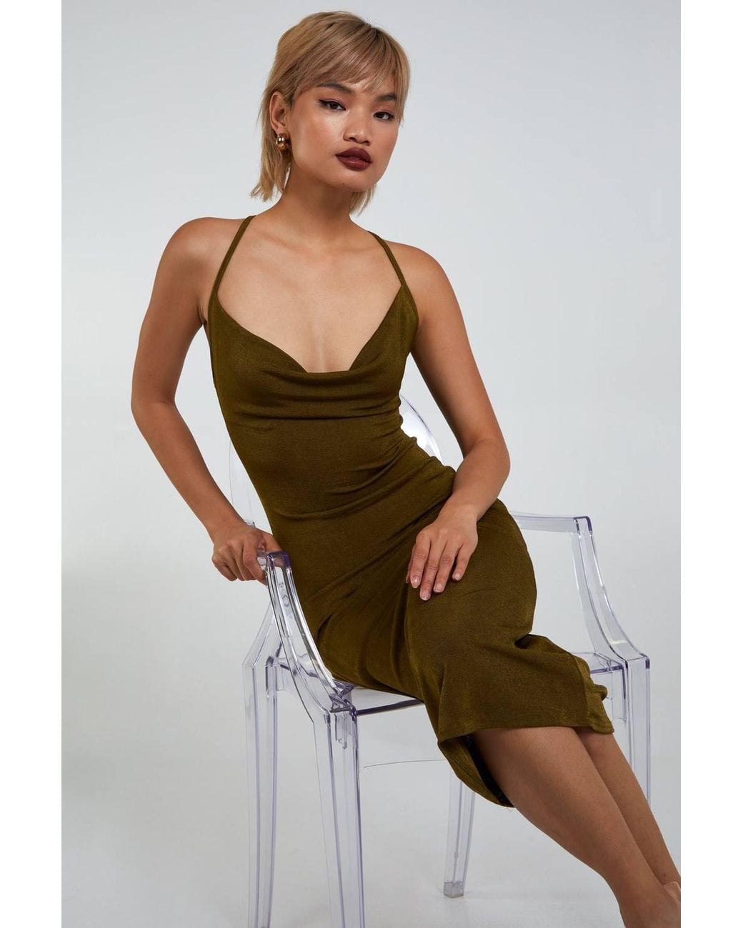 Pink Vanilla Green Slinky Cowl Neck Midi Dress