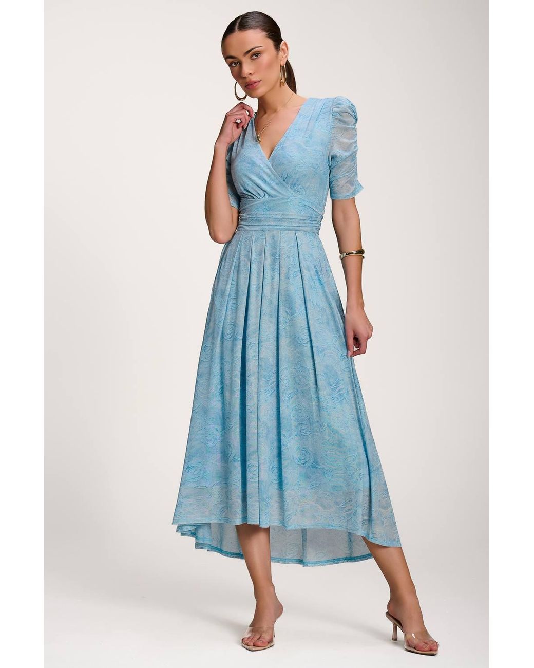 Jolie Moi Blue Printed Mesh Dip Hem Maxi Dress