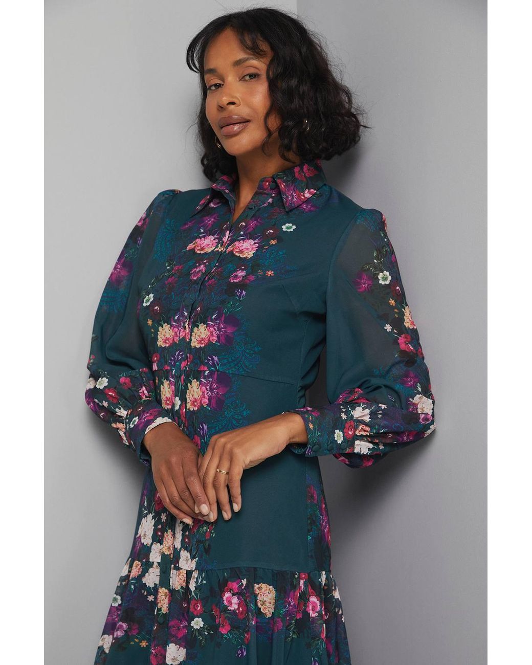 Wallis Blue Floral Tiered Shirt Maxi Dress