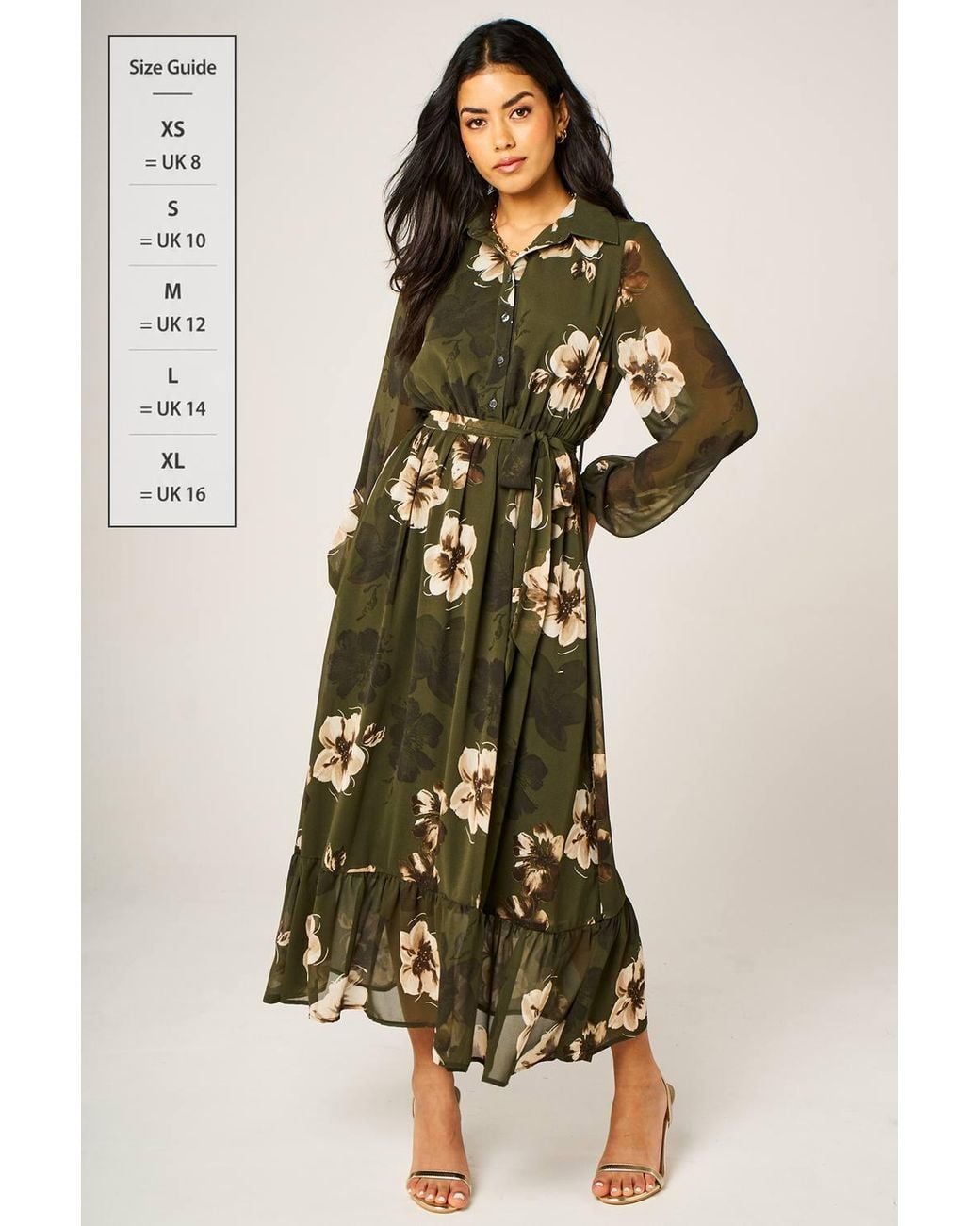 FS Collection Green Floral Print Hem Detail Long Sleeve Shirt Midi Dress
