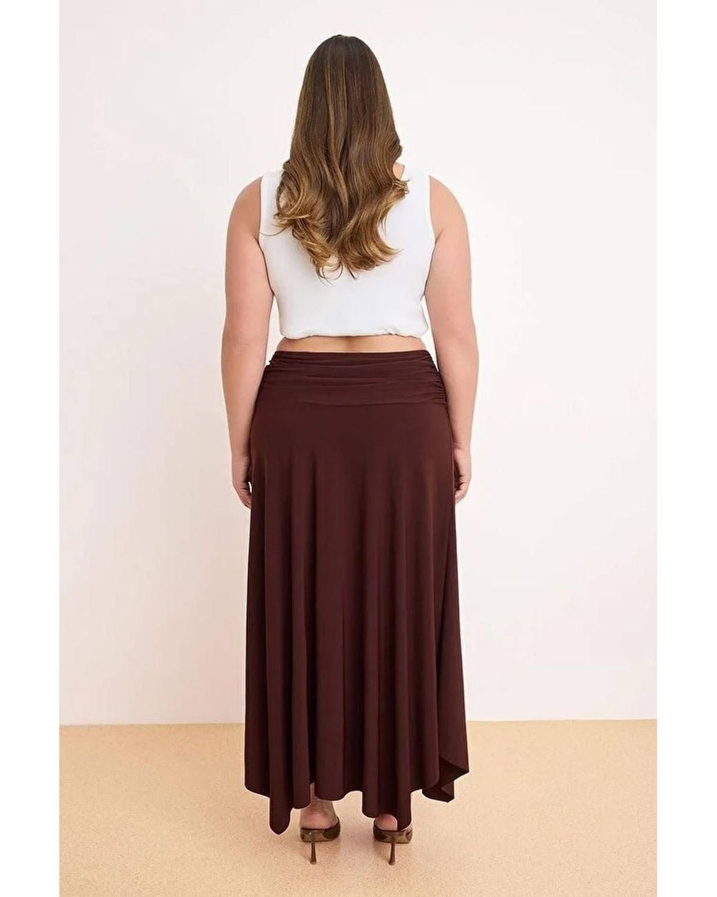 WOVCOR Brown High Waist Split Detail Maxi Skirt W/ Fluid Fit
