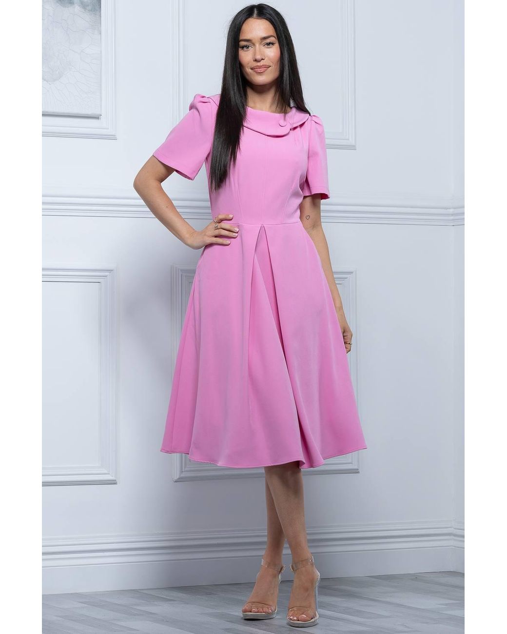 Jolie Moi Pink Debora Button Neck Dress
