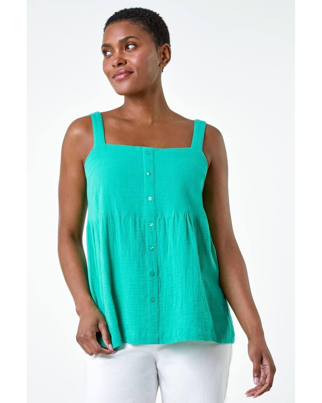 Roman Blue Cotton Button Through Shirred Vest Top