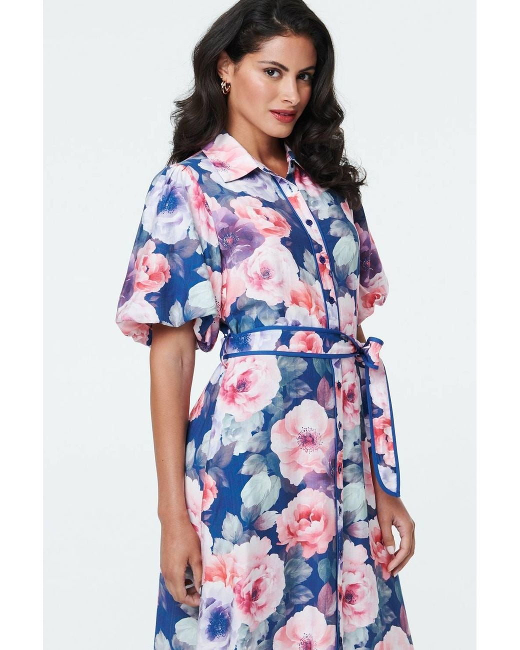 Izabel London Blue Floral 1/2 Puff Sleeve Tie Midi Dress