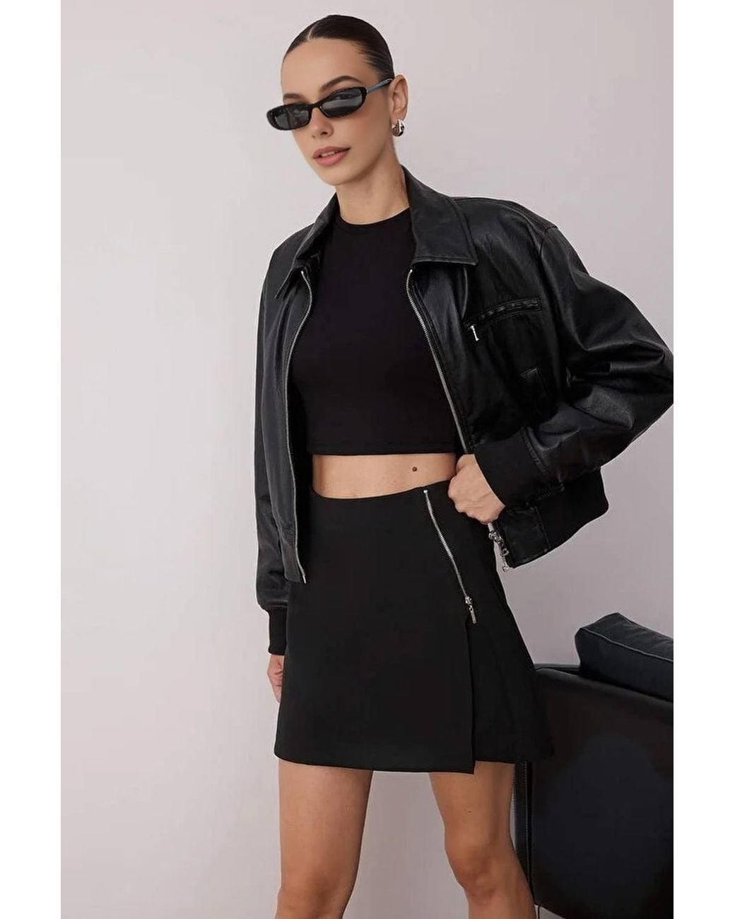 WOVCOR Black Woven Mini Skort W/ Asymmetric Overlay & Zip Detail
