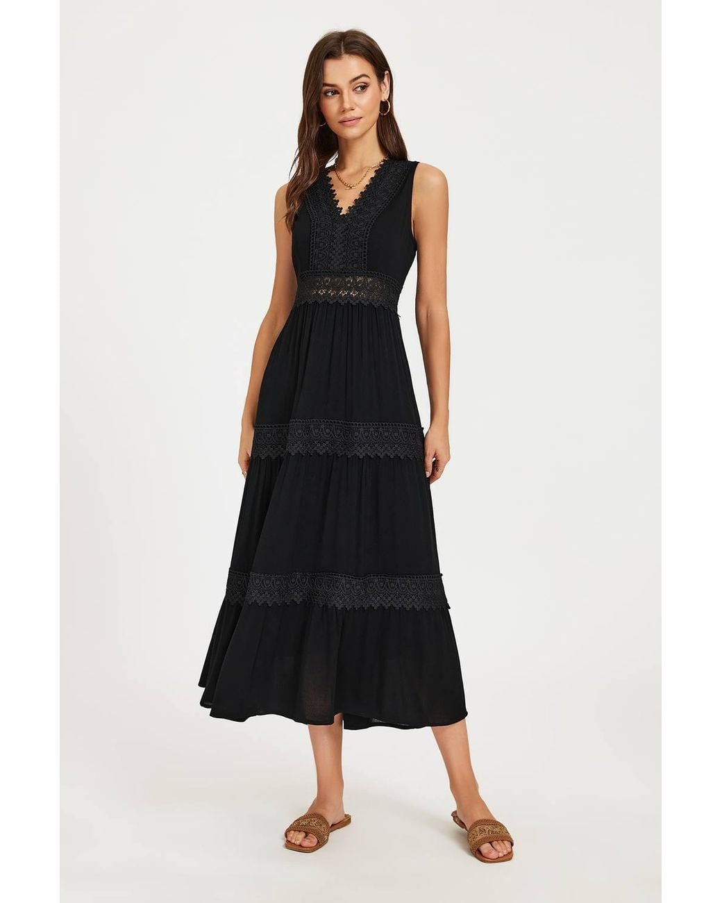 FS Collection Black Lace Trim V-Neck Tiered Sleeveless Midi Dress