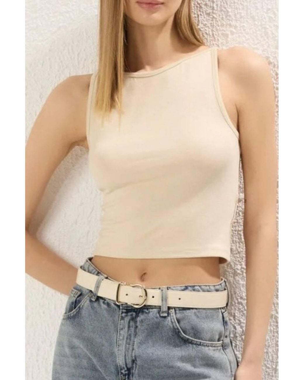 WOVCOR Blue Sleeveless Slash Neck Slim Fit Cropped Stretch Top