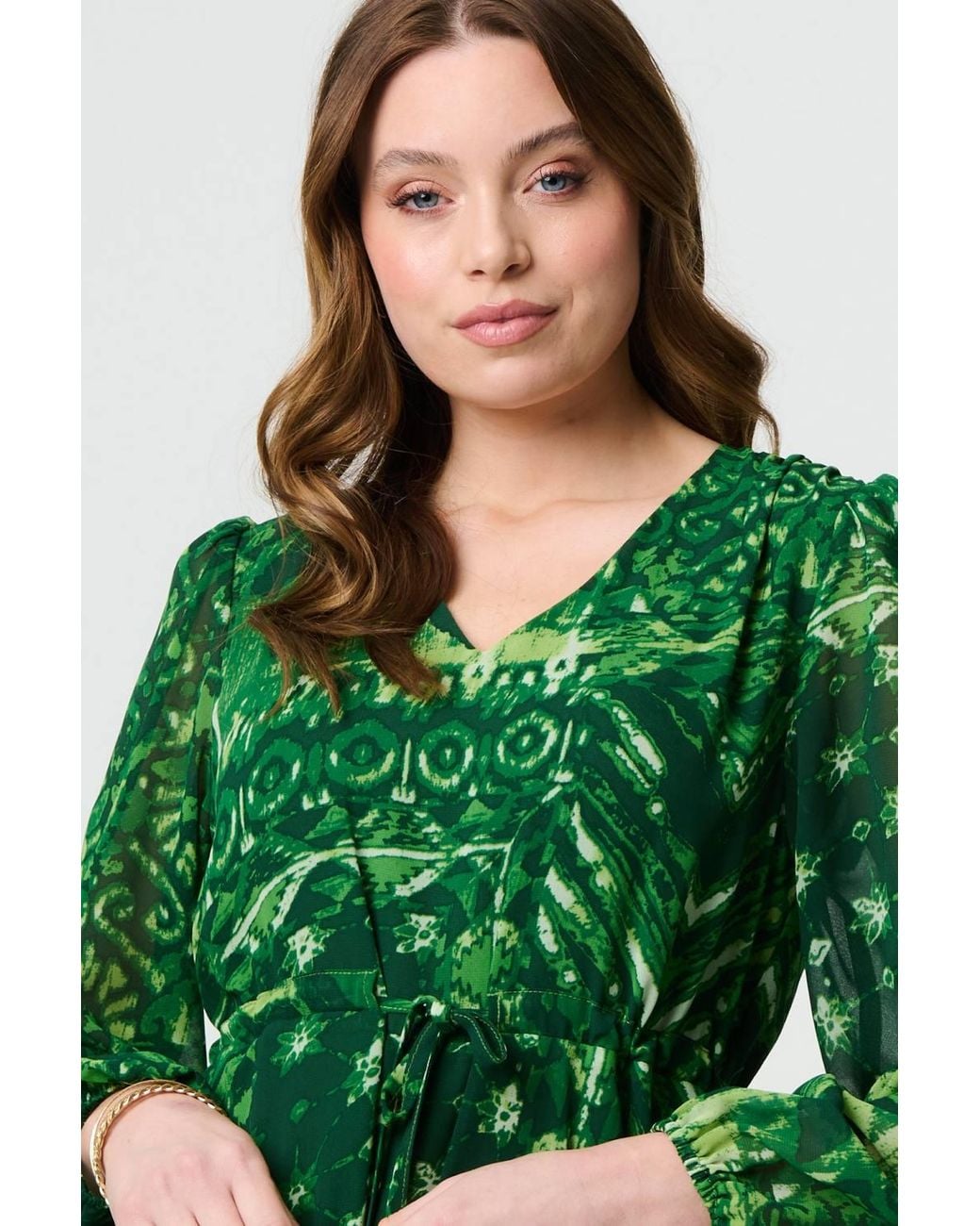Izabel London Green Printed Semi Sheer Empire Maxi Dress