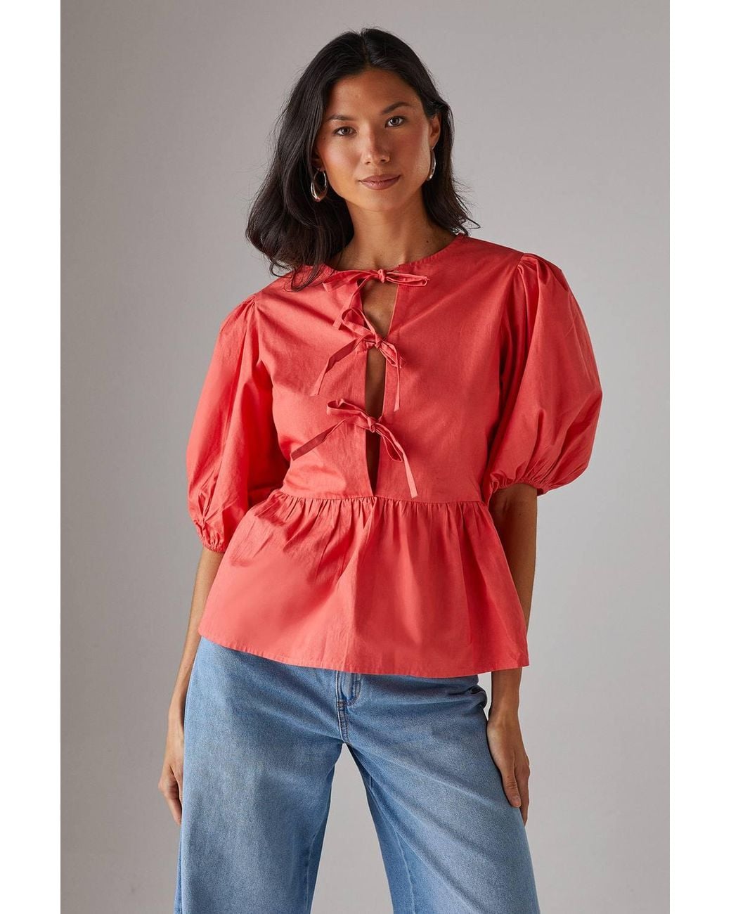 Warehouse Red Poplin Tie Front Volume Sleeve Blouse