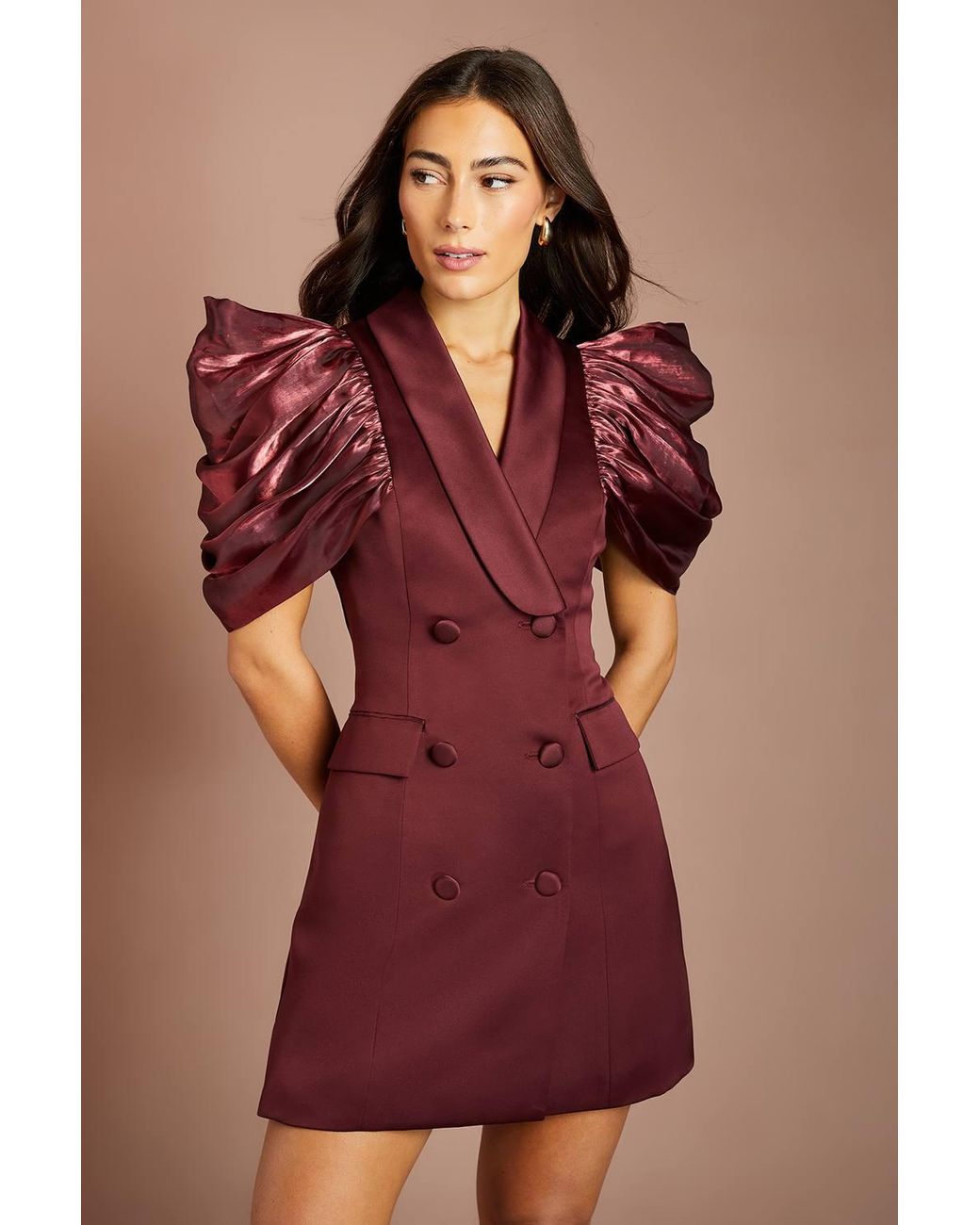 Coast Brown Statement Shoulder Structured Satin Blazer Mini Dress