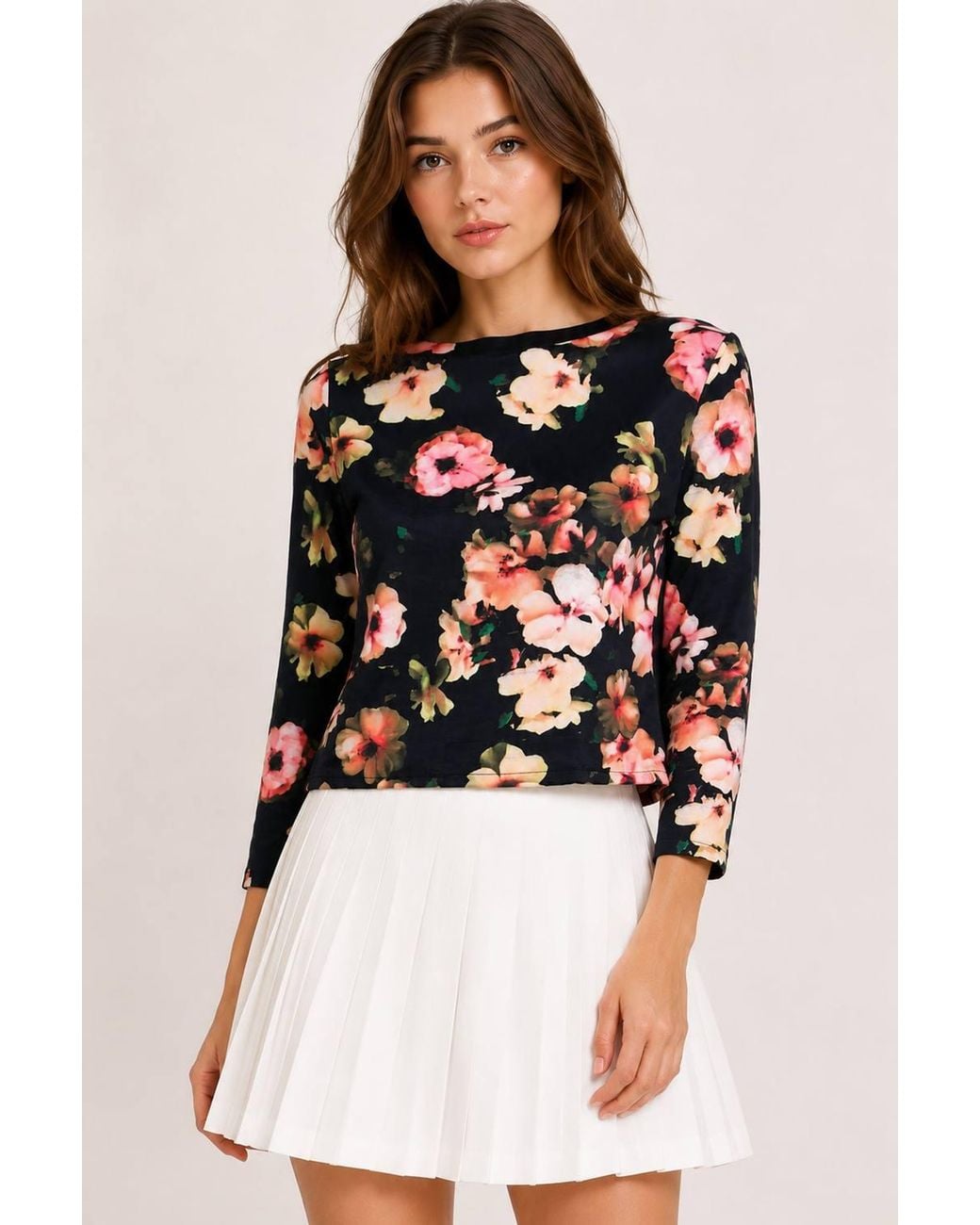 Cutie London Black Floral Print Boat Neck Long Sleeve Top