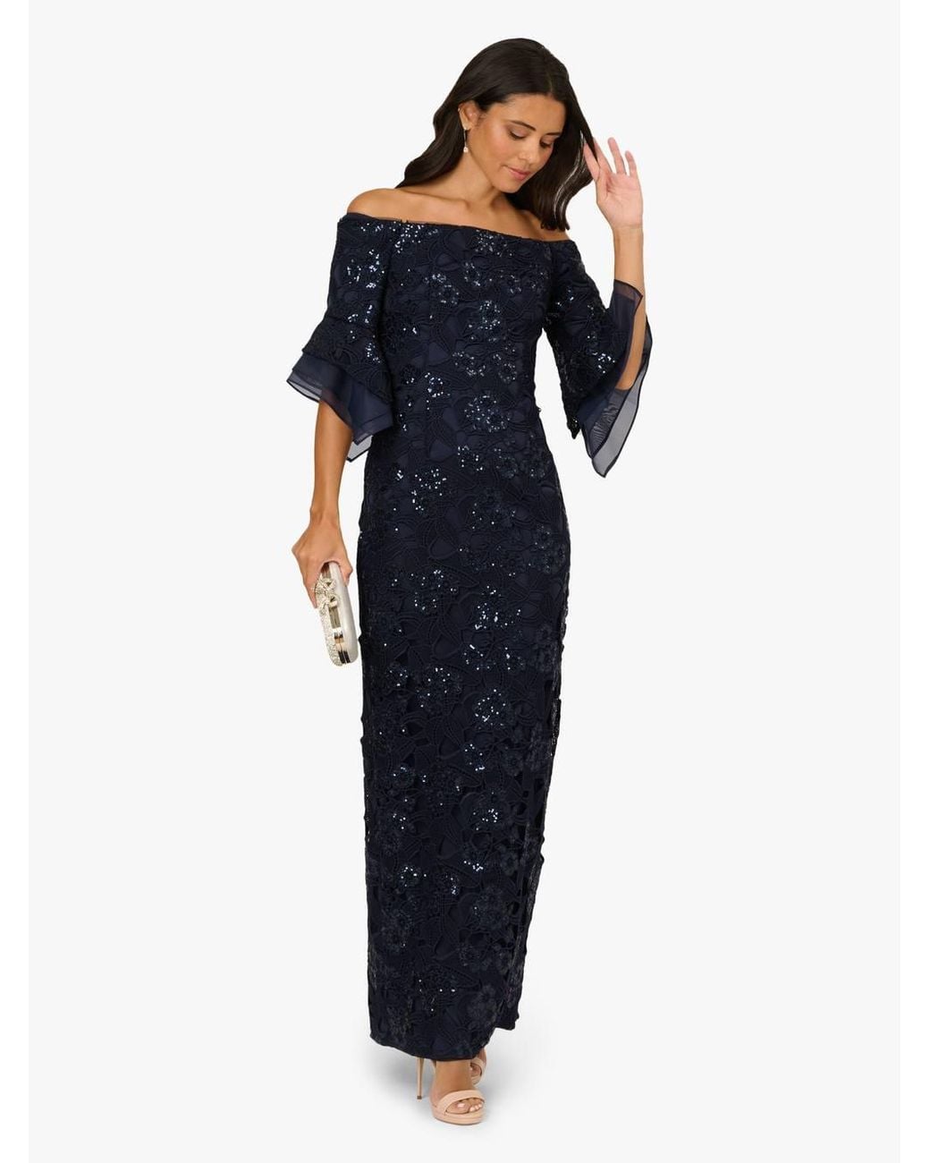 Adrianna Papell Blue Sequin Lace Combo Column Gown Dress
