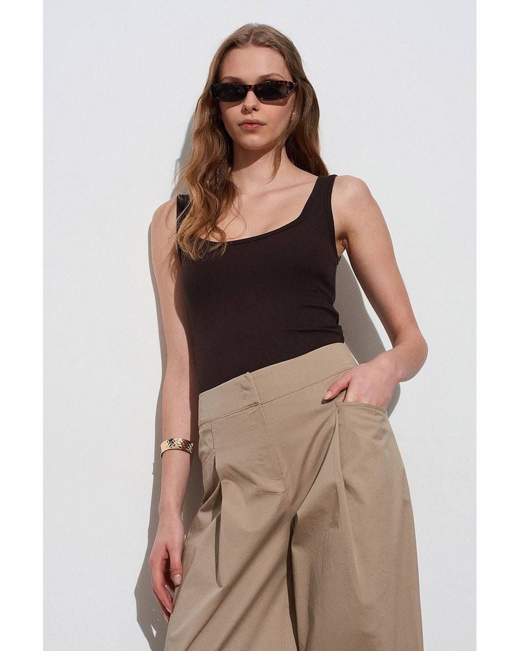 Dilvin Natural Slim Fit Sleeveless Jersey Cami Blouse