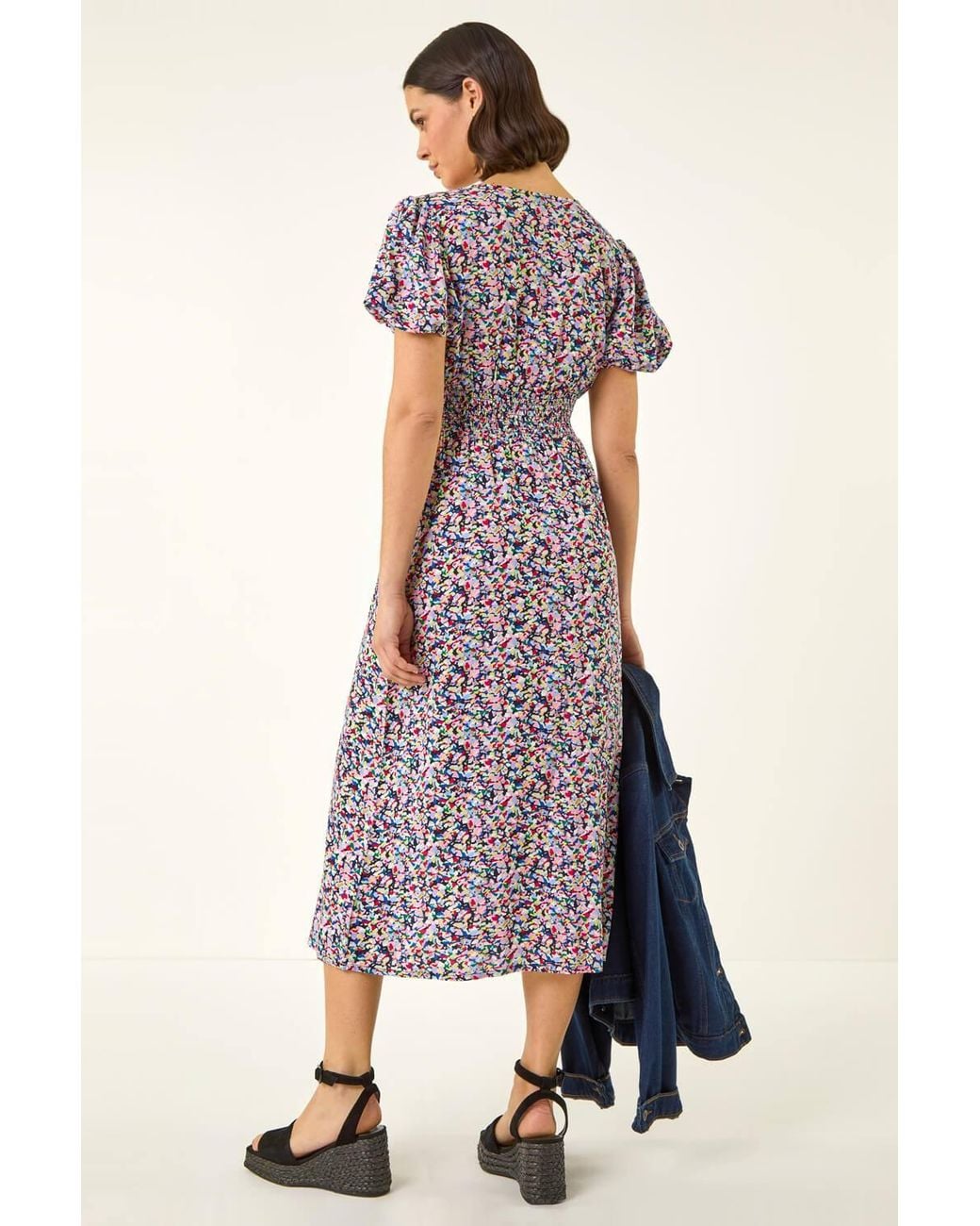 Roman Multicolor Abstract Print Shirred Midi Dress