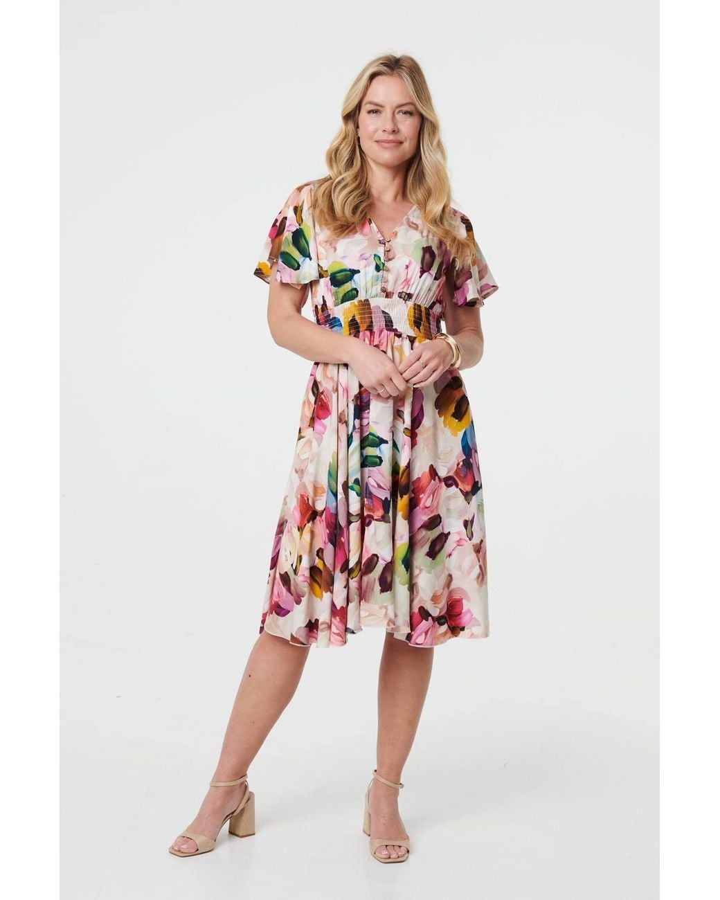 Izabel London White Floral Short Puff Sleeve Midi Dress