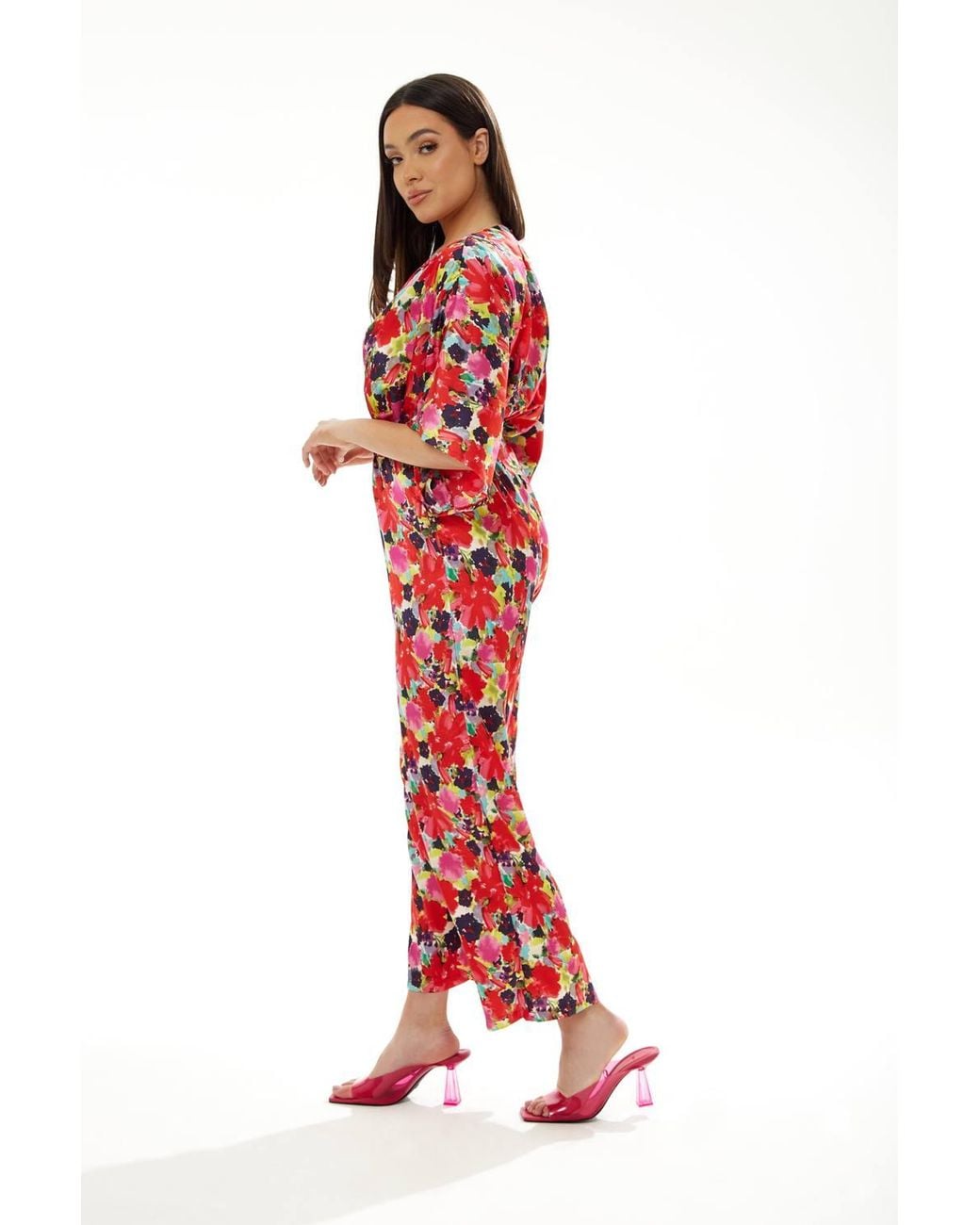 Liquorish Red Floral Jumpsuit W/ Short Sleeves