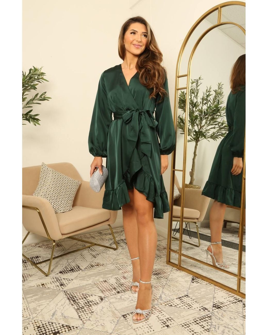 Double Second Green Frill Satin Wrap Dress