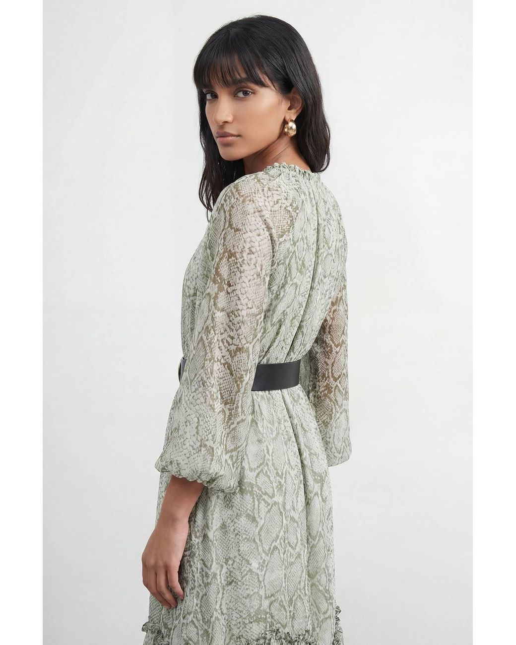 Warehouse Multicolor Petite Snake Print Ruffle Detail Belted Maxi Dress