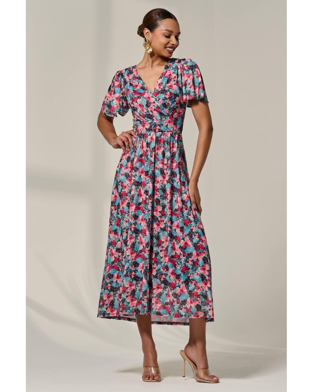 Jolie Moi Multicolor Wrap Front Mesh Maxi Dress