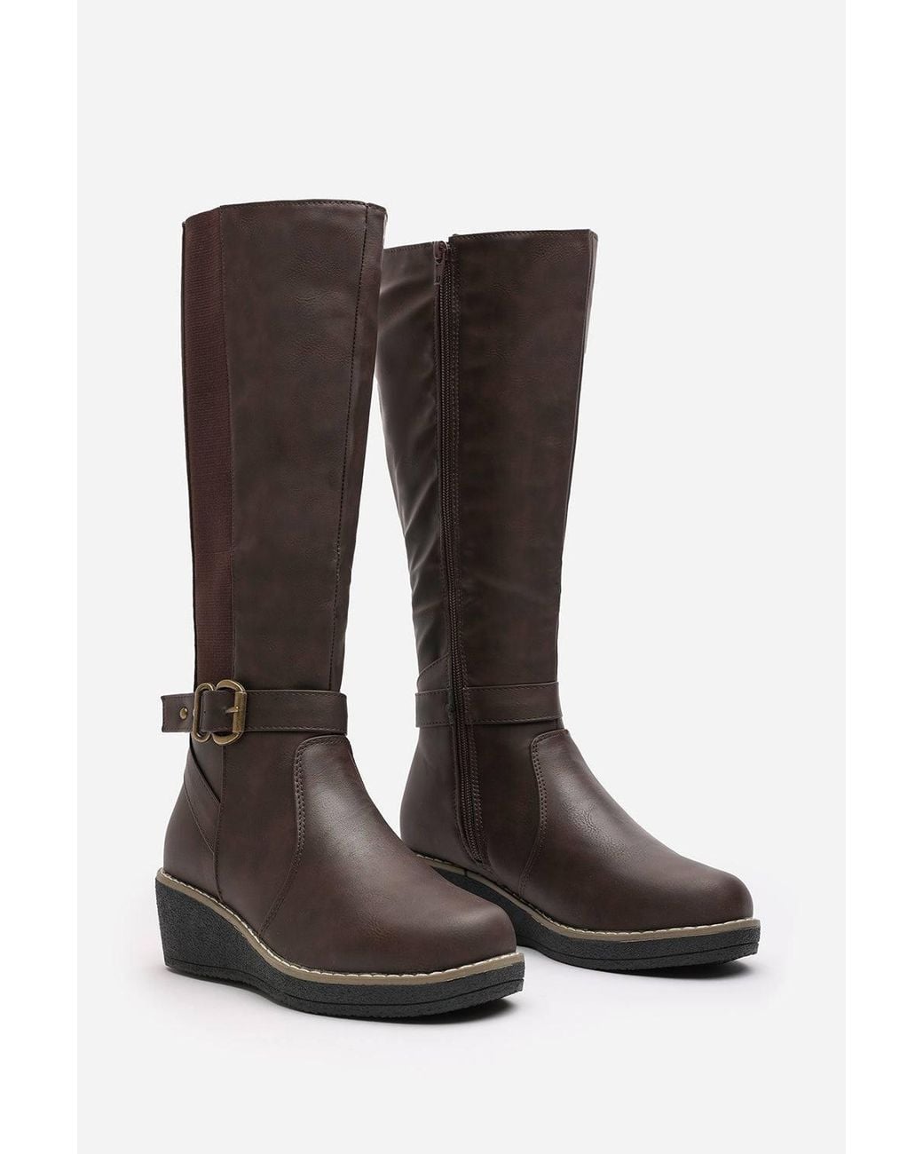 Where's That From Black 'Regina' Wide Fit Faux Leather Knee High Wedge Boots