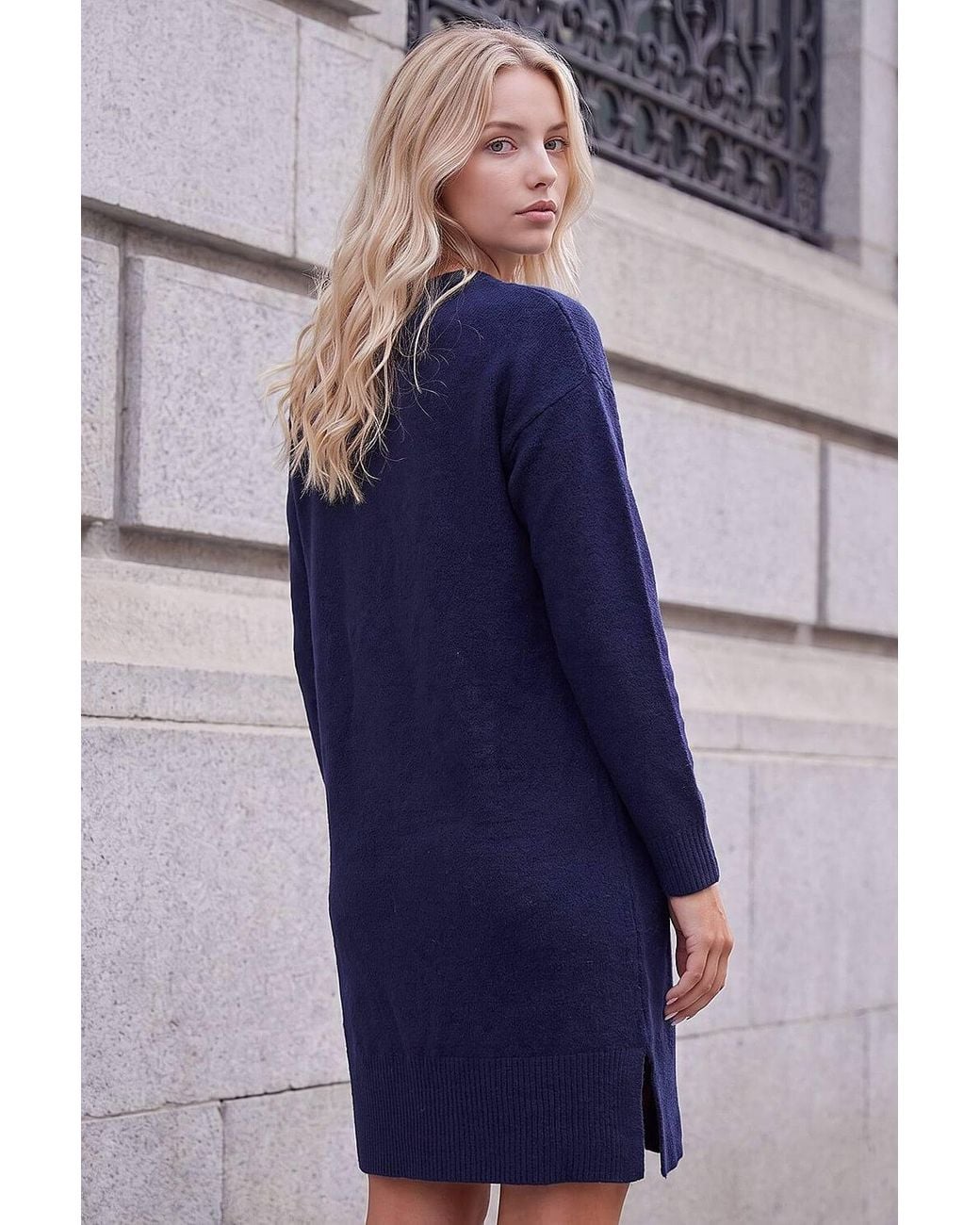 Roman Blue Petite Knitted Pintuck Shift Dress