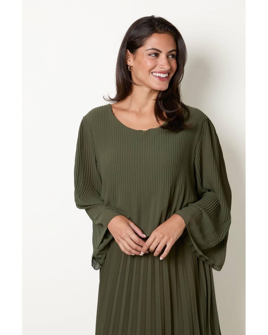 Blue Vanilla Green Elasticated Waist Long Sleeve Round Neck Midi Dress