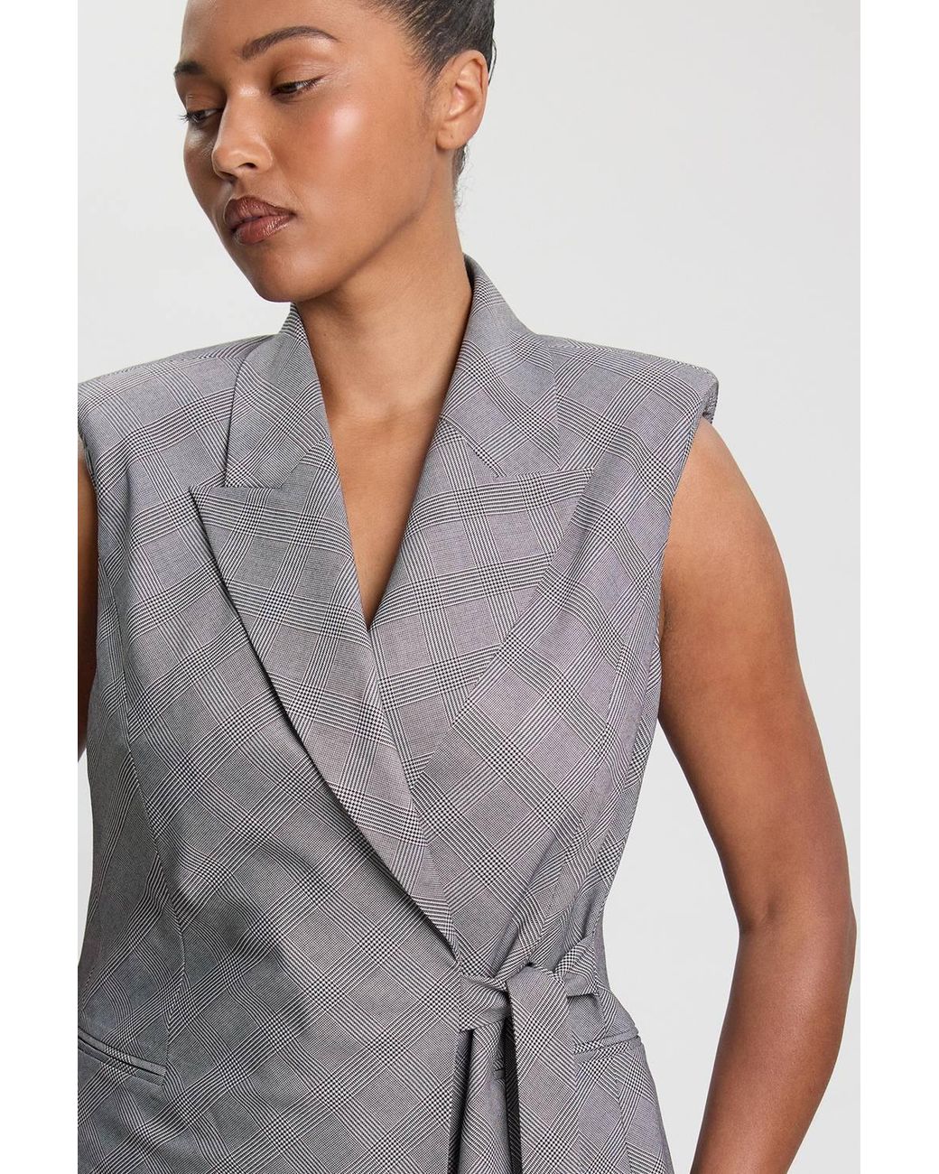 Karen Millen Gray Plus Size Soft Tailored Check Wrap Detail Sleeveless Blazer