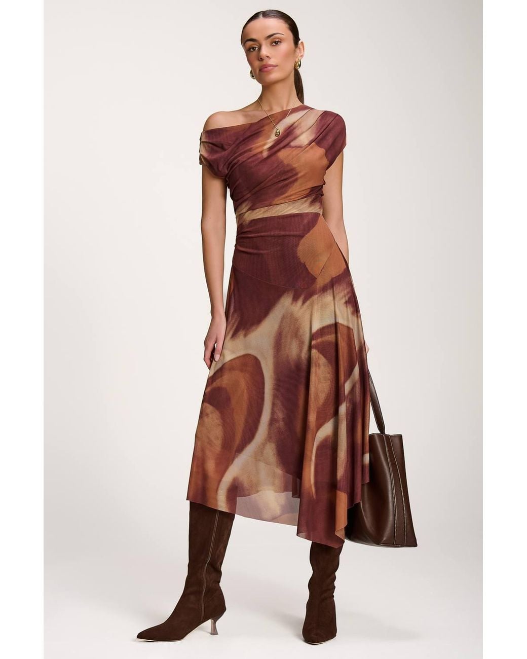 Jolie Moi Brown Asymmetric Draped Mesh Dress