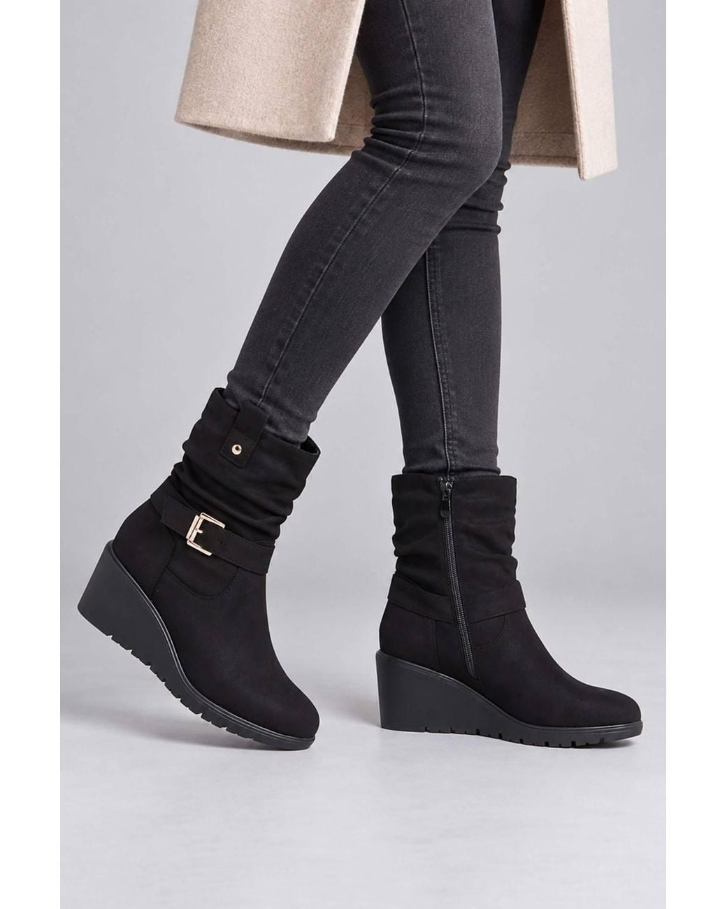 AJVANI Black Mid Wedge Heel Buckle Ankle Boots