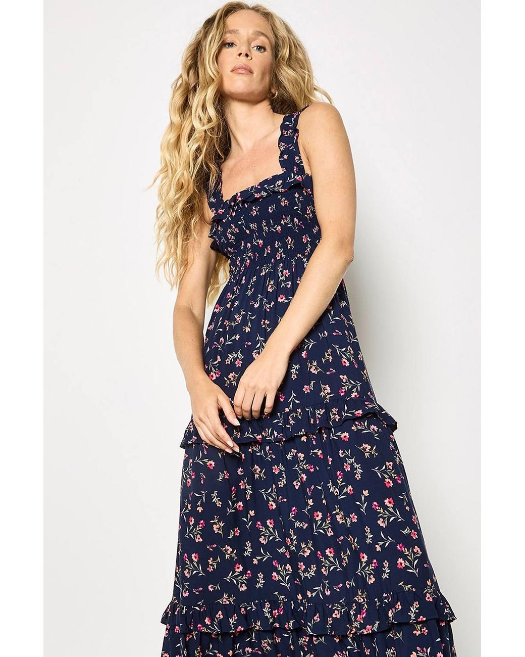 Apricot Blue Ditsy Floral Smocked Maxi Dress