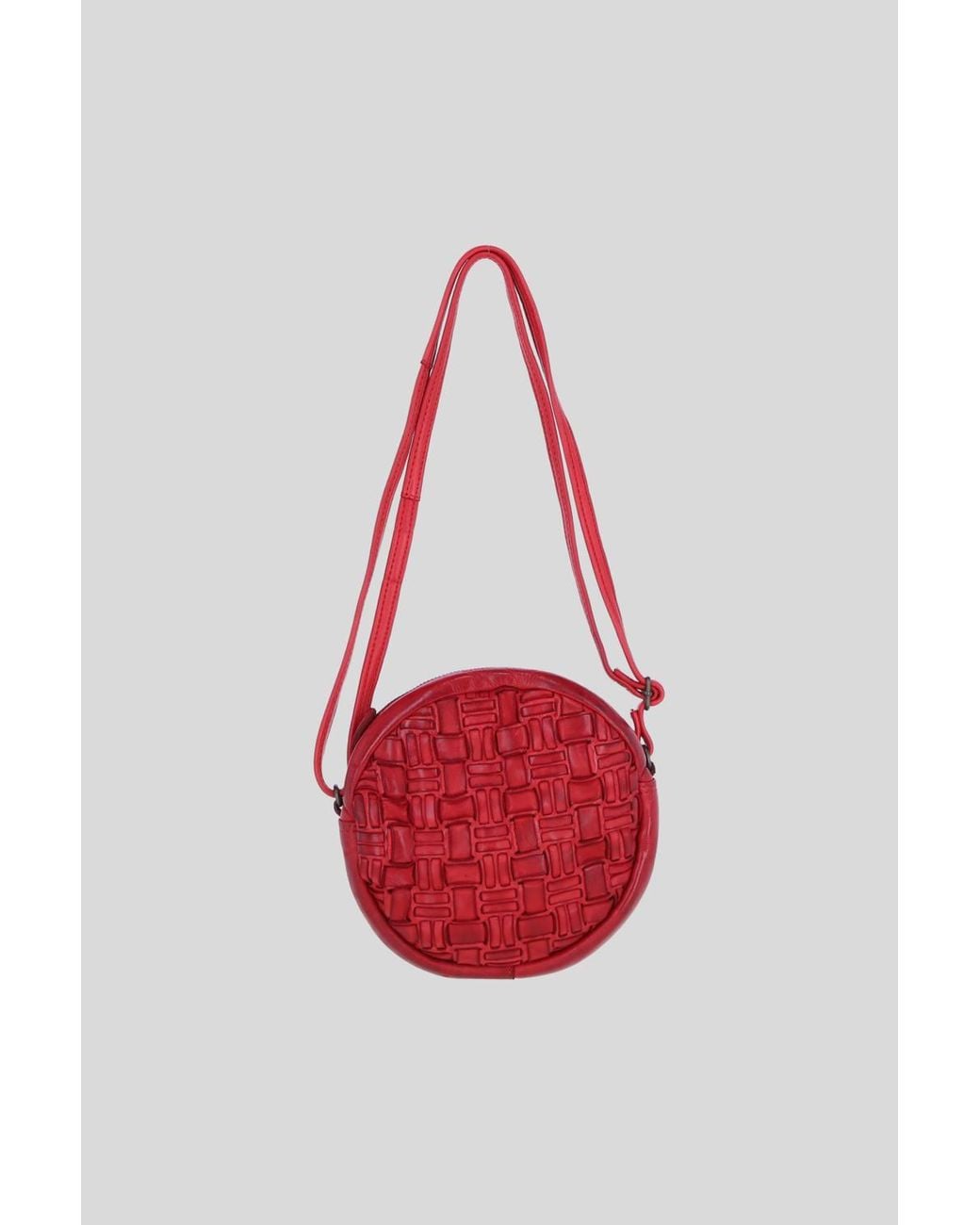 Ashwood Leather Red Leather Round Woven Crossbody Bag W/ Adjustable Strap
