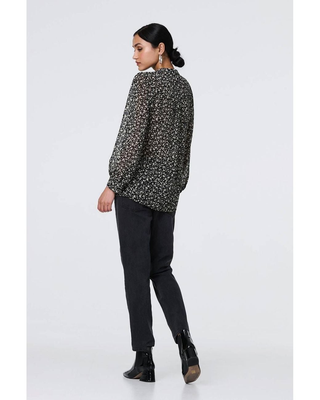 Izabel London Black Ditsy Floral Semi Sheer Long Sleeve Blouse