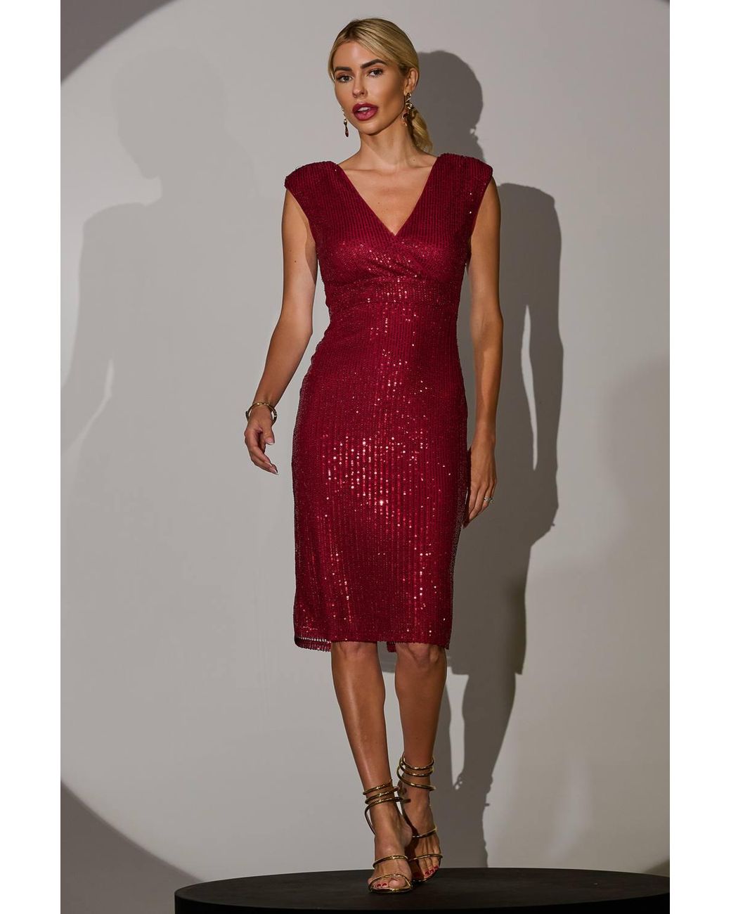 Jolie Moi Red Sequin Wrap Bodycon Midi Dress W/ Shou