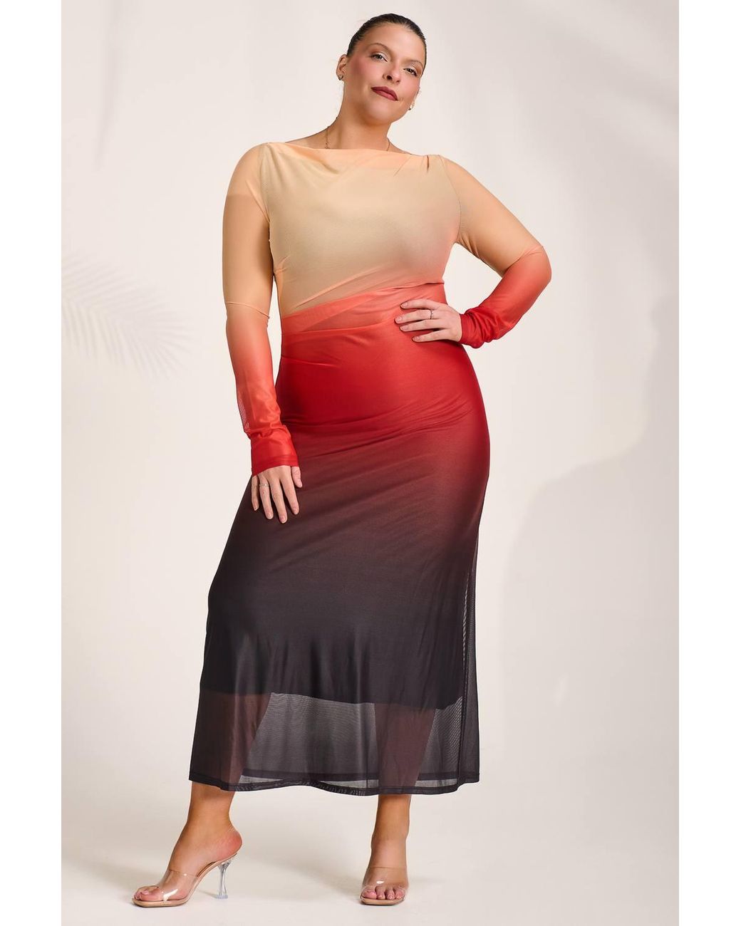Jolie Moi Red Long Sleeve Slash Neck Mesh Maxi Dress