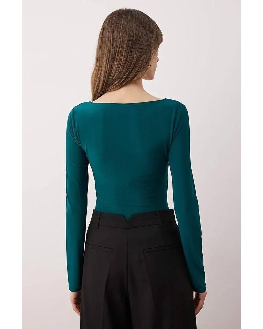 WOVCOR Green V-Neck Fitted Knit Bodysuit W/ Ring Detail
